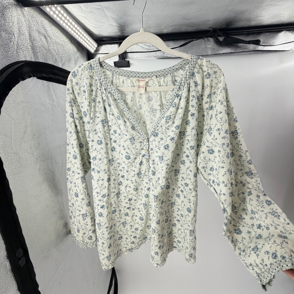 Sundance Womens Large Blue White Floral Cotton Long Sleeve Button V-Neck Blouse